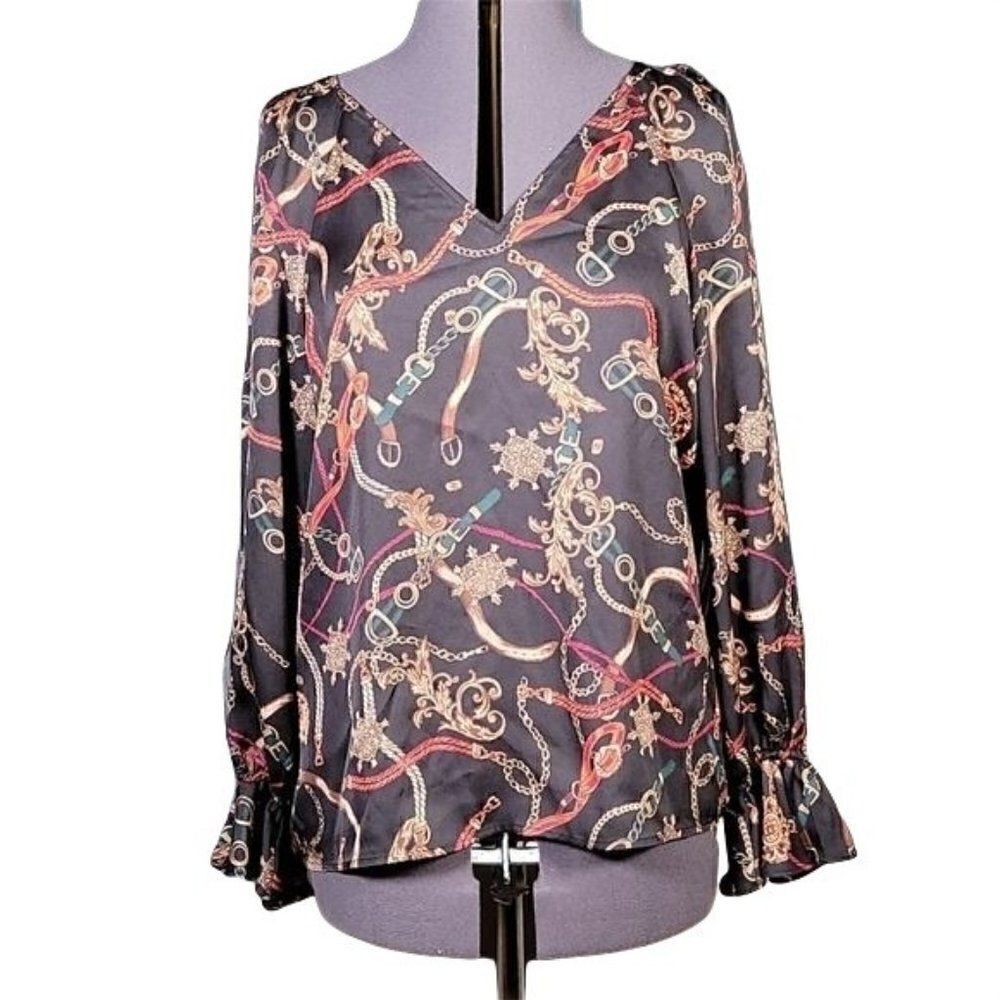 Bar III Women's Printed V-Neck Top Sz M
